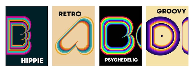 Набор абстрактного психоделического фона Groovy hippie ретро дизайн красочный плакат в стиле 70-х