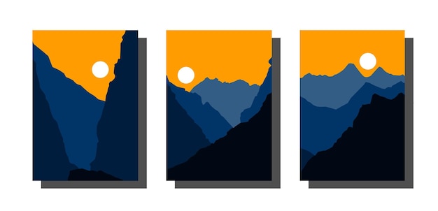 山の空の夕日のベクトル図と抽象的な風景風景ポスターのセット