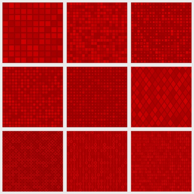 Set of abstract seamless patterns of small elements or pixels of various shapes in red colors