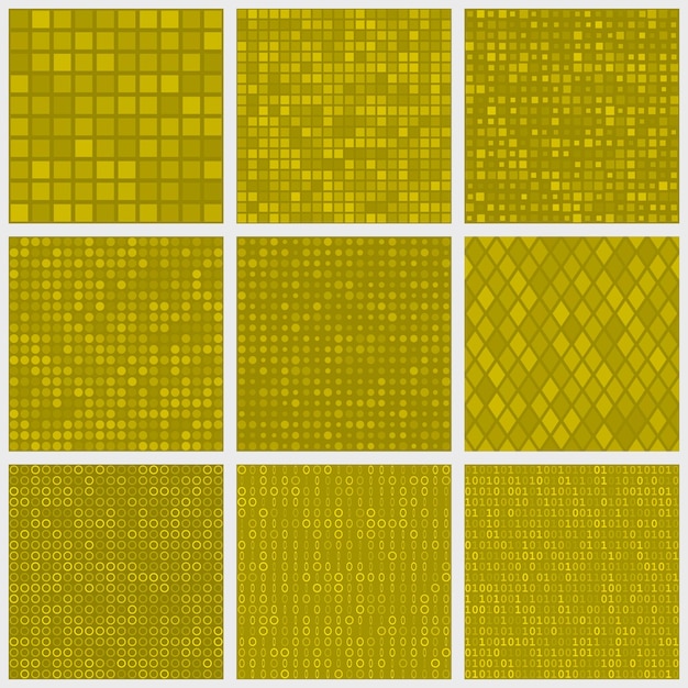 Set of abstract seamless patterns of small elements or pixels of various shapes in yellow colors