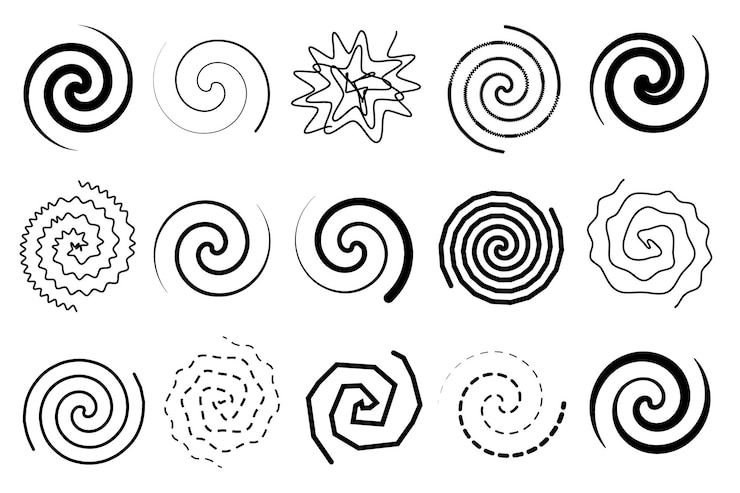 Vector set of abstract spirals and twirls vector illustration of lines twisted in circle black and white drawing of signs of round swirls and wavy whirls