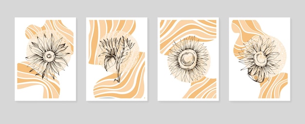 스케치 스타일의 벽 장식 미니멀리스트 꽃에 대한 추상 해바라기 손으로 그린 삽화 세트