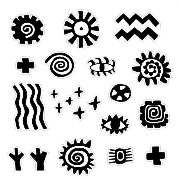 Set of abstract symbols like sun water eye. Hand drawn picture of primitive tribes