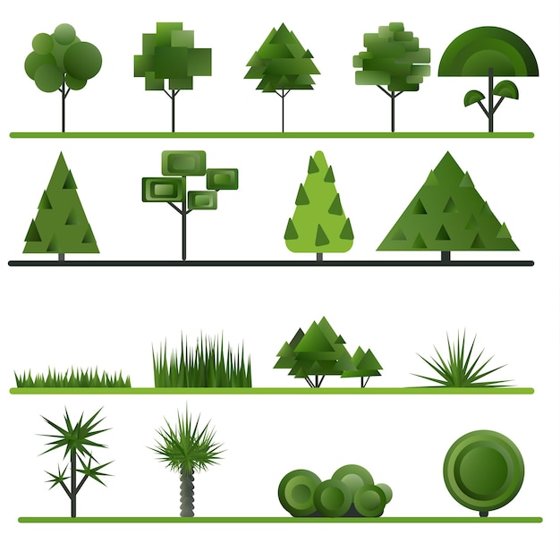 Set of abstract trees, shrubs, grass on a white background. vector illustration.