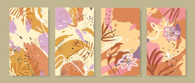 Set of abstract tropical background hand drawn with floral plants and leaves