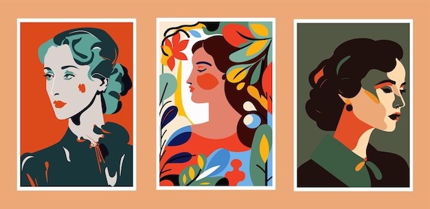 Набор абстрактных векторных иллюстраций портретов красивых женщин в стиле ретро