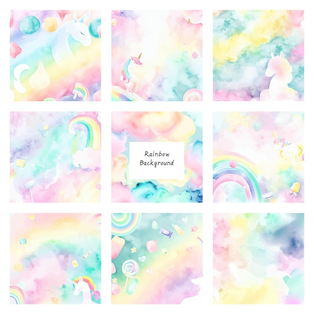 Set of abstract watercolor hand drawn rainbow backgrounds Vector illustration