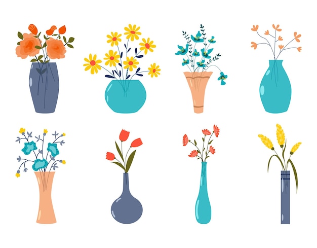 Set of abstract wild and garden blooming flowers and herbs in vases