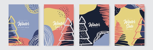 Set of abstract winter backgrounds Colorful winter banners with falling snowflakes snowy trees Wintr...