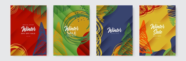 Set of abstract winter backgrounds colorful winter banners with falling snowflakes snowy trees wintr...