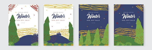 Set of abstract winter backgrounds Colorful winter banners with falling snowflakes snowy trees Wintr...