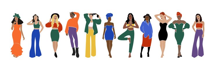Vector set of abstract women characters. modern paper cut mosaic style.