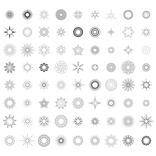 Set abstracte collectie ronde cirkels Starburst Sunburst zonsondergang zwarte lijn Doodle ontwerpelementen