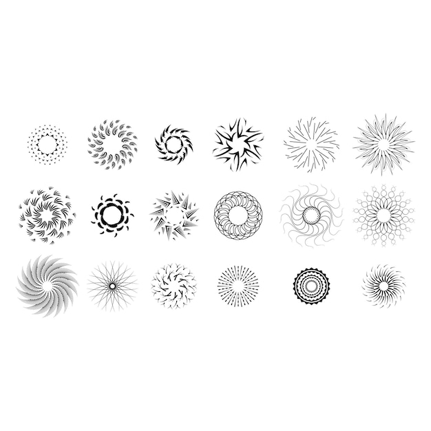 Set abstracte collectie ronde cirkels Starburst Sunburst zonsondergang zwarte lijn Doodle ontwerpelementen