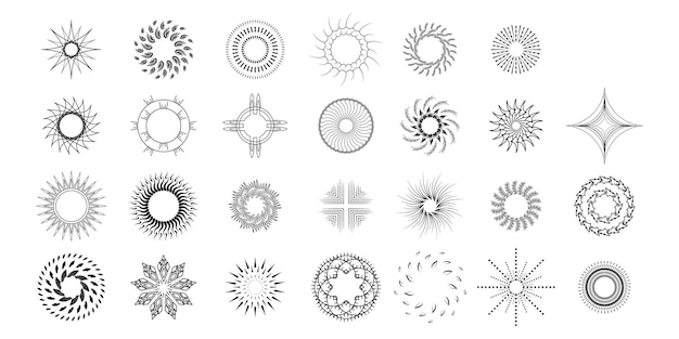 Set abstracte collectie Starburst Sunburst zonsondergang zwarte lijn Doodle ontwerpelementen barstende stralen