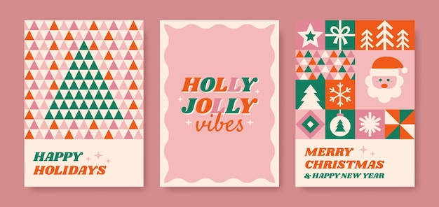 Vector set abstracte kerstposters holly jolly vibes frase geometrisch hedendaags ontwerp