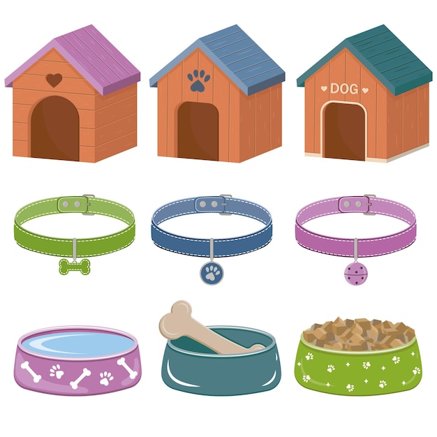 A set of accessories for dogs and cats a booth bowls with food collars with a medallion Isolated vector illustration