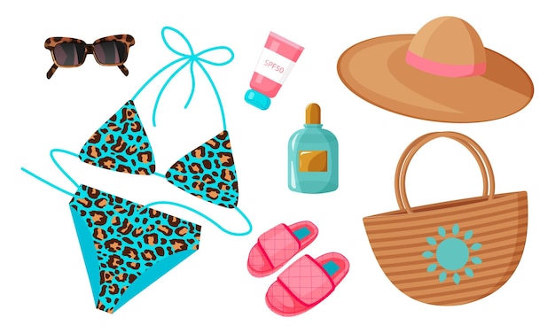 Vector set of accessories from the sun leopard swimsuit sunglasses slippers hat parfum bag and sunscreen