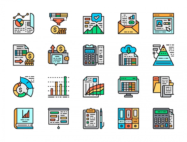 Set of accounting report flat color icons.