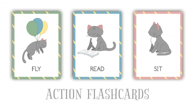 Set of actions flash cards with cat. cute character flying, reading, sitting. cards for early learning.