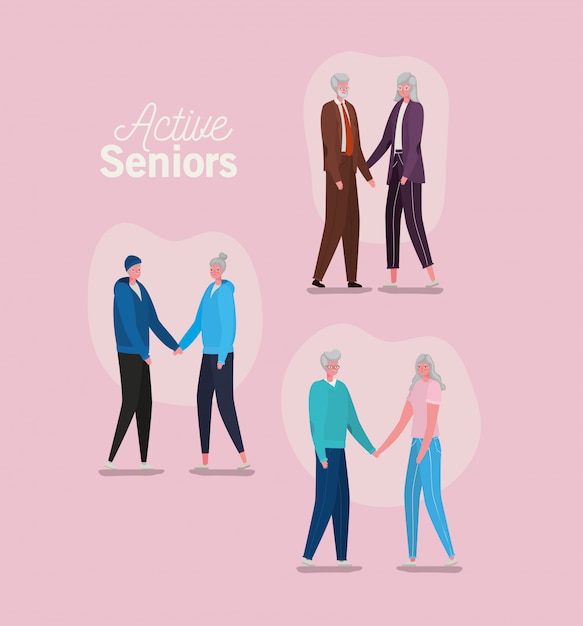 ピンクの背景デザイン、活動テーマにアクティブな高齢者の女性と男性の漫画のセット