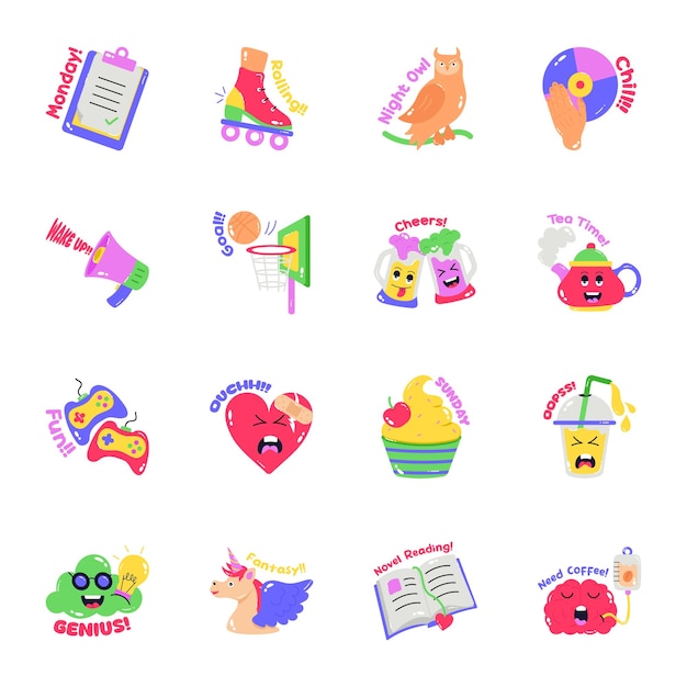 Set of Activities and Food Flat Stickers