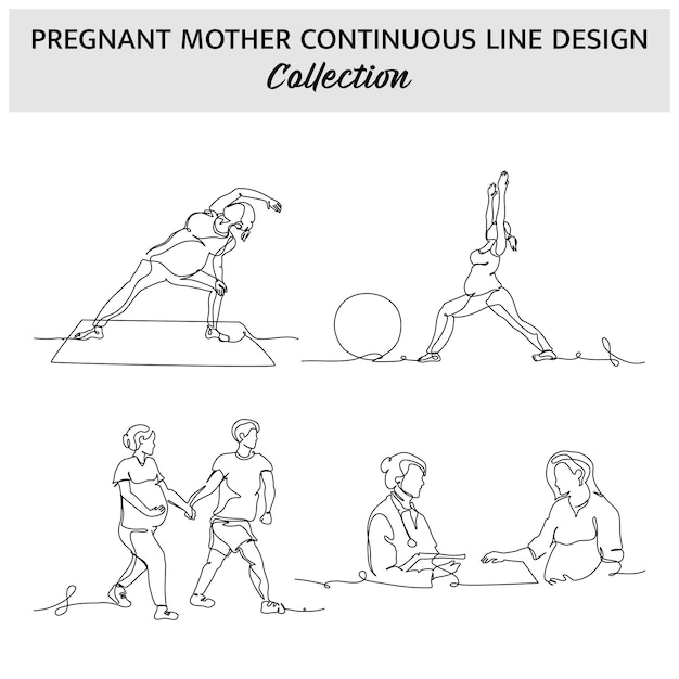 Vector set of activities for pregnant women one continuous line