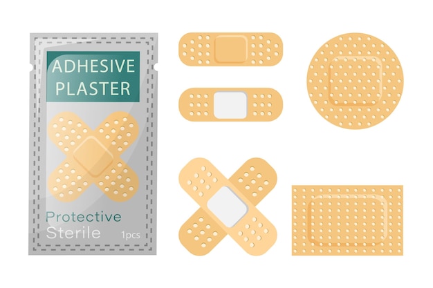 A set of adhesive plaster for wounds Sterile medical plaster packaged Plasters of different shapes isolated on white background Vector