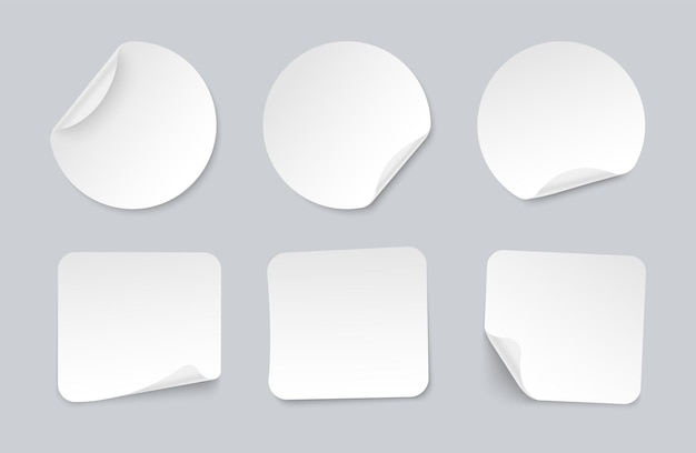 Vector set of adhesive stickers with curved corner realistic white paper round and square stickers