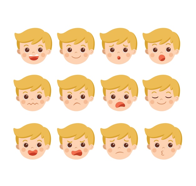 Vector set of adorable boy facial emotions