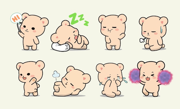 set of adorable Cute bear with different poses and gestures cartoon illustration