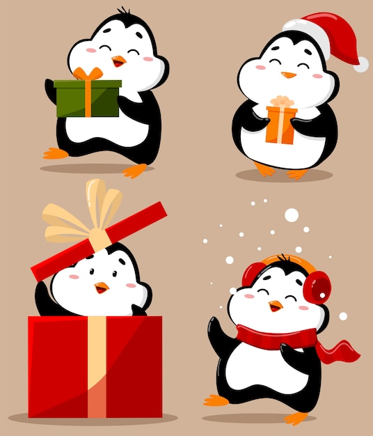 Set of adorable cute christmas penguins