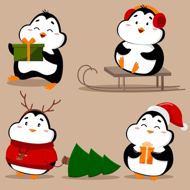 Set of adorable cute penguins