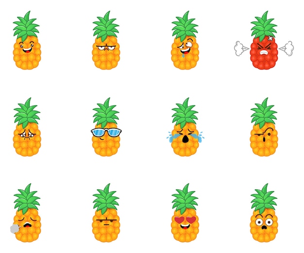 Vettore set di adorabili emoticon di ananas carino espressioni facciali del fumetto di ananas