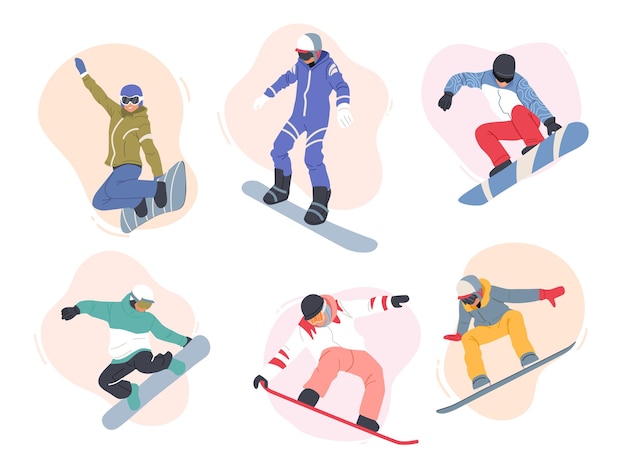 Set of Adult People Dressed in Winter Clothing Snowboarding Male Female Snowboard Riders Characters Having Fun Winter Mountain Sports Activity Resort Sport Sparetime Cartoon Vector Illustration