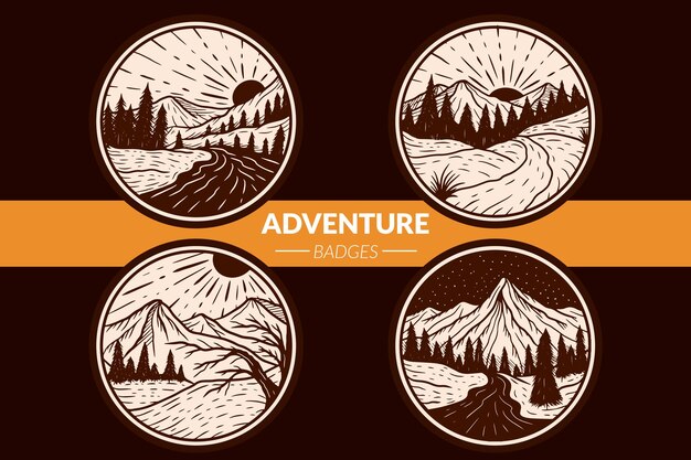 Set Adventure Logo Badges Mountain Camping Landscape Vintage outdoor Hand Drawn icon clipart illustration