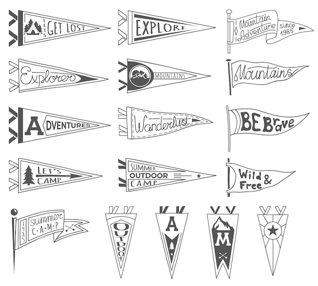 Set of adventure, outdoors, camping pennants. Retro monochrome labels. Hand drawn wanderlust style.