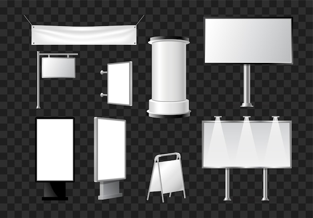 Vector set of advertising pillars, columns, pennants - modern vector isolated objects on transparent background. realistic white and black roll up and pop up banner stands, tripods, booths for promo offers