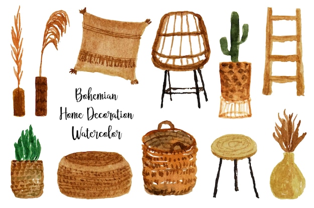 a set of aesthetic boho style home decoration watercolor