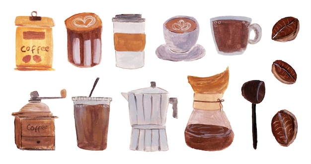 A set of aesthetic hand painted coffee watercolor