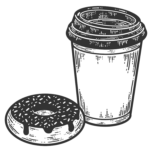 Set afhaalkoffie en donut Sketch scratch board-imitatie