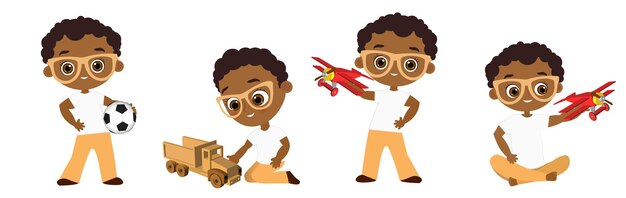 Vector set african american boy with glasses playing toy vector illustration eps 10 isolated on white background flat cartoon style