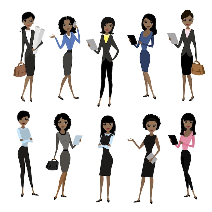 Vector set african american business lady beautiful woman in business clothes isolated on white background