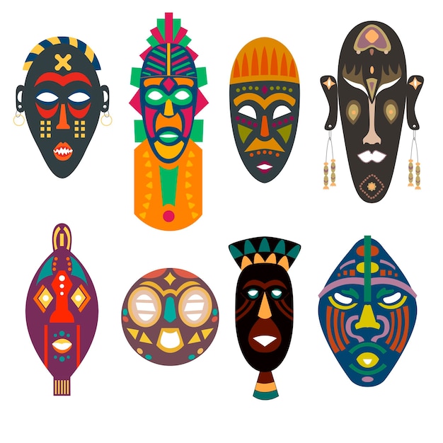 Vector set african masks different tribes shapes bright colors under face holes