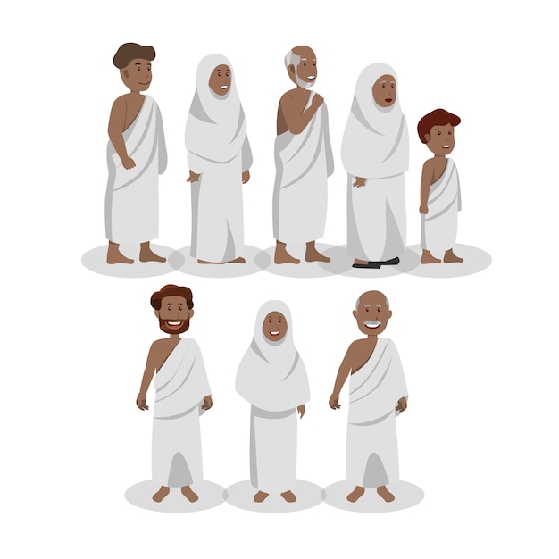 Set of african muslim wearing ihram during hajj