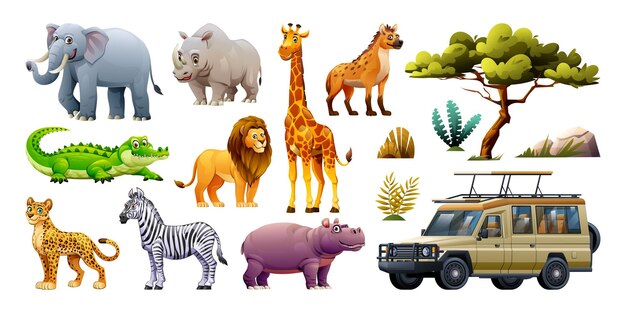 Vector set of african safari wild animals and elements vector cartoon illustration