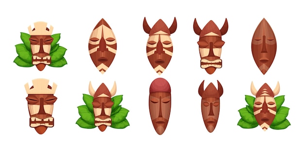 Vector set african tribal wooden mask totem face aborigine avatar in cartoon style