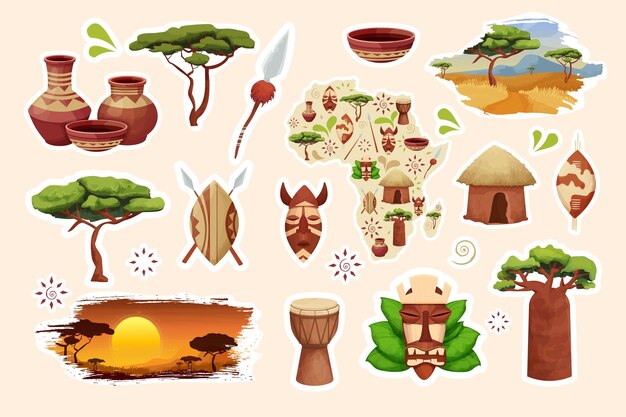 Vector set afrikaanse stickers traditionele hut met strodak baobab schild met speer tribal masker drum