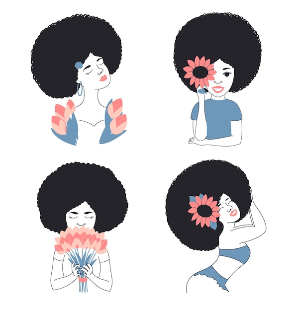 The set of afro girls with sunflowers and tulips. the black women for posters, cards, logo designs, t-shirt designs.  the collection is a vector illustration