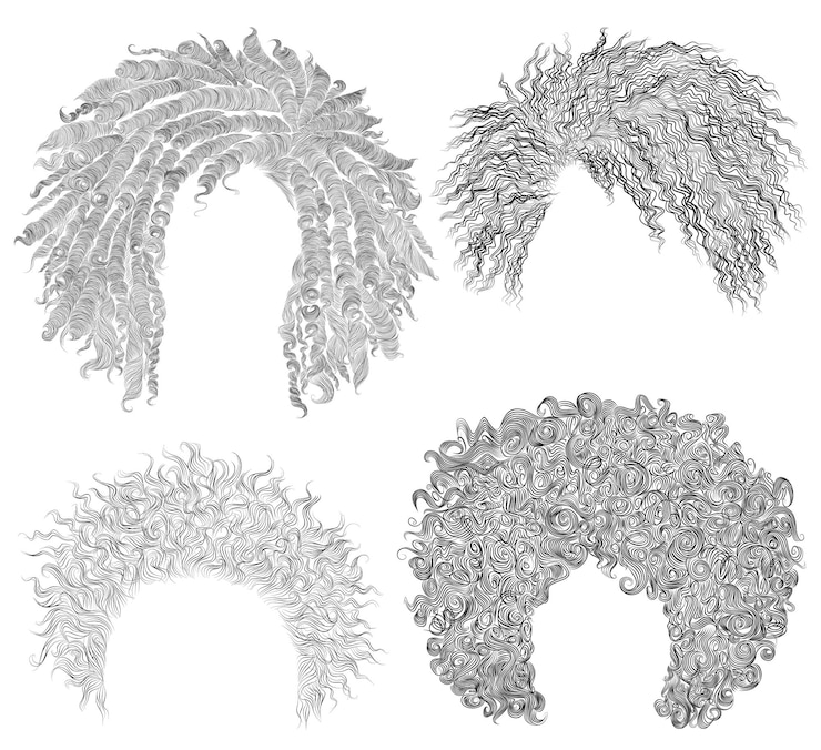 Vector set afro hairstyle round disheveled curly hairs fashion beauty african stylepencil drawing sketch